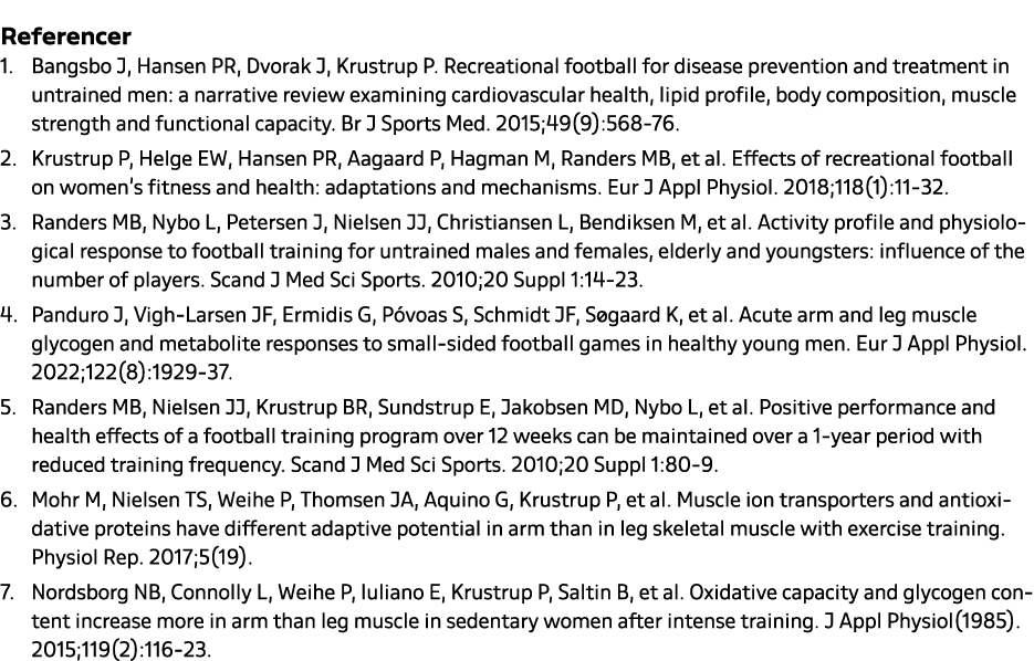 Referencer 1. Bangsbo J, Hansen PR, Dvorak J, Krustrup P. Recreational football for disease prevention and treatment ...